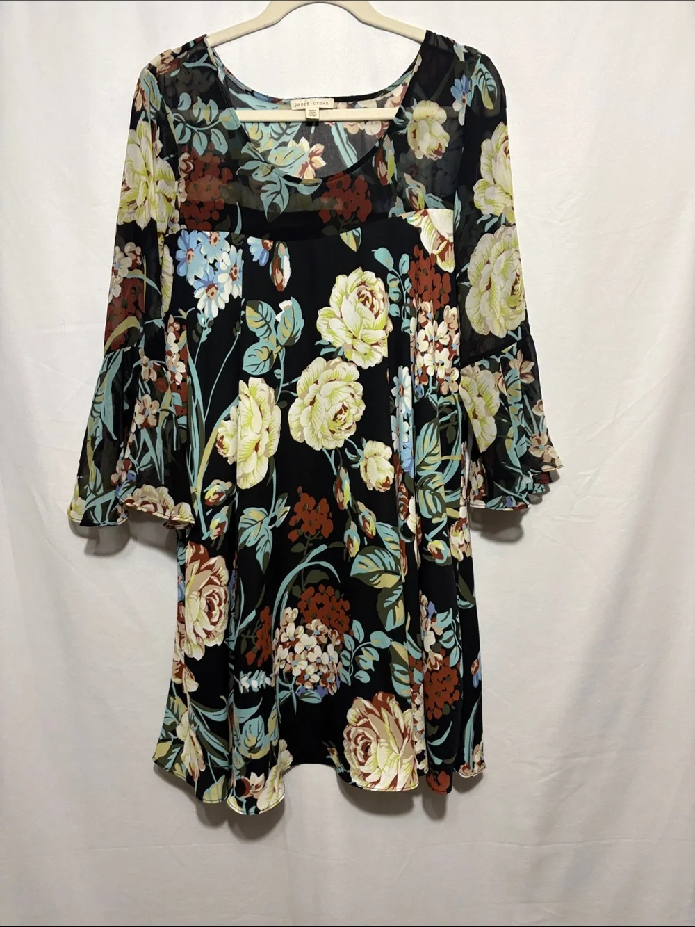 Paper Crown Black Floral Midi lined Dress with Bell Sleeves